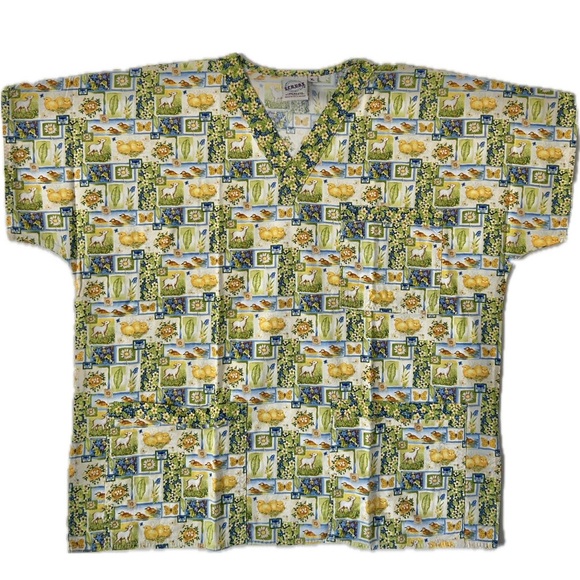 100 % Cotton Farm Animal Print Nursing Uniform Scrub Top Women XLarge - Picture 1 of 5